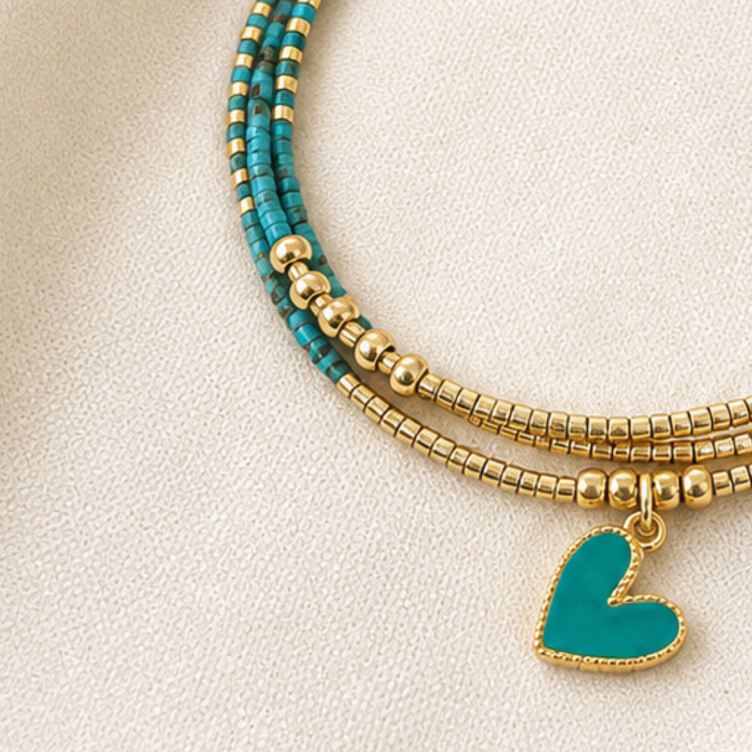 Maxi Pulsera de Amazonita y Dorado con Dije de Corazón – calma y esperanza todos los días