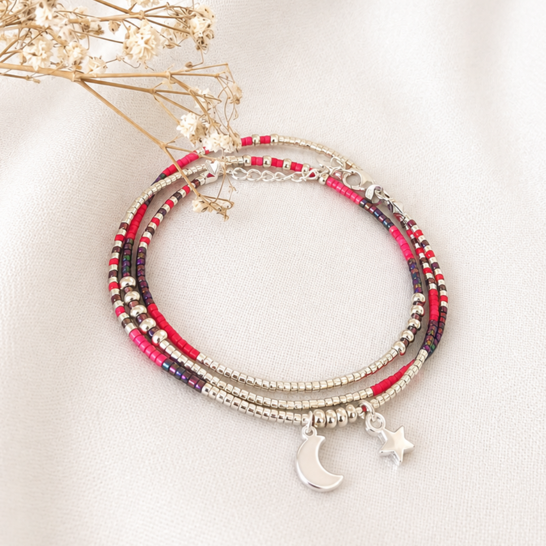 Maxi Pulsera Miyuki Magenta y Morada con Luna y Estrella – la luz que te guía en la noche