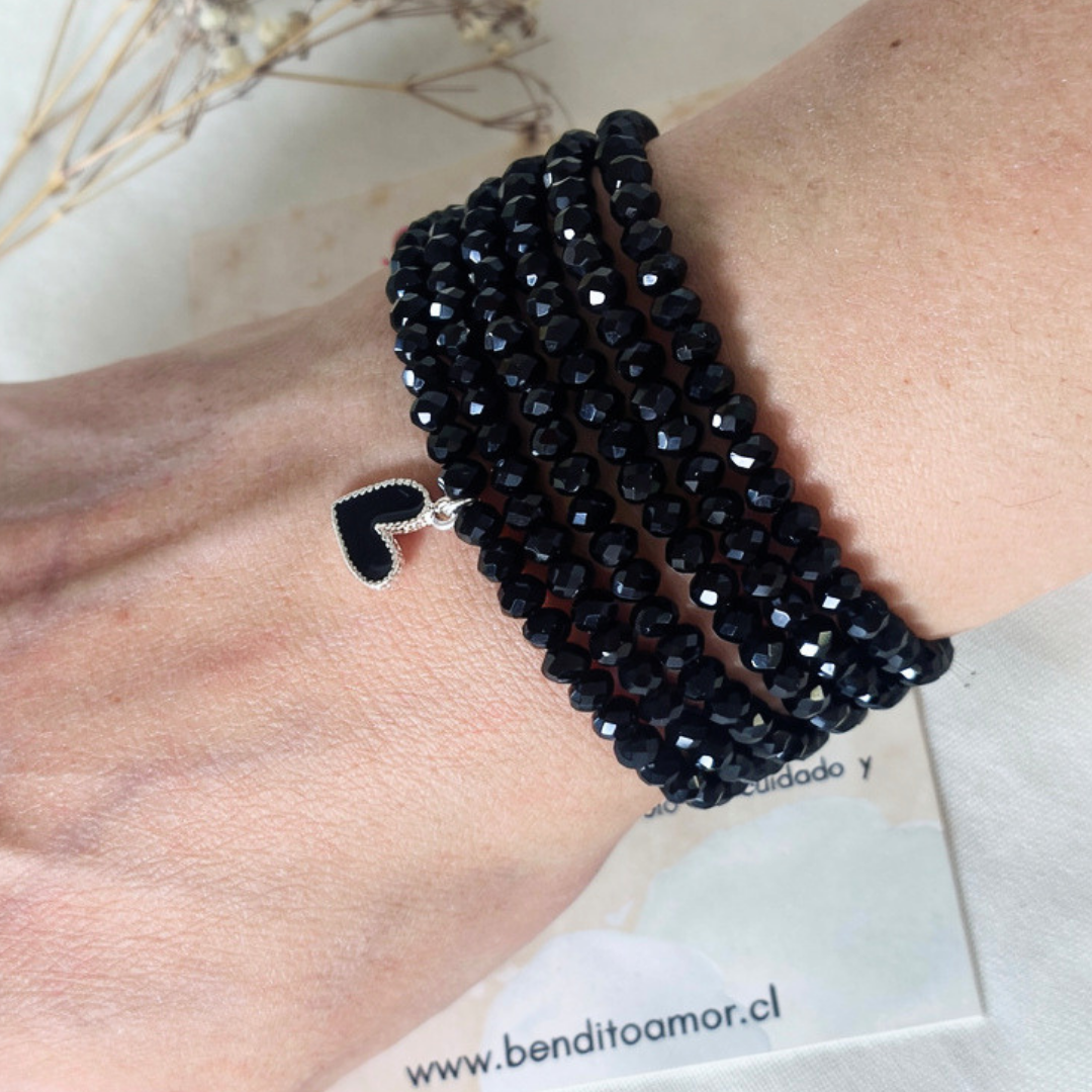 Maxi Pulsera o Collar de Cristales Negros con Corazón de Plata | Joya Versátil con Significado