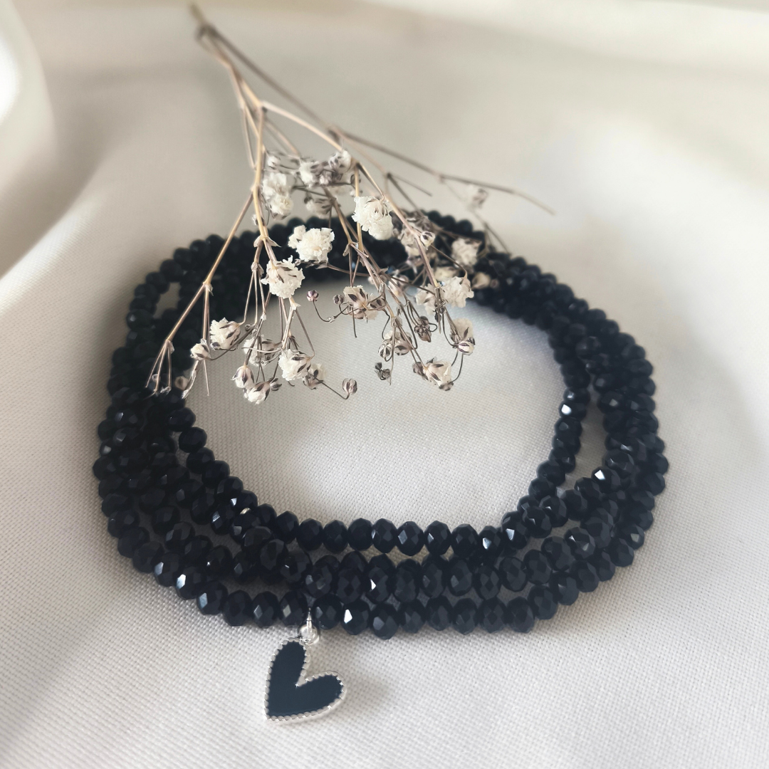 Maxi Pulsera o Collar de Cristales Negros con Corazón de Plata | Joya Versátil con Significado