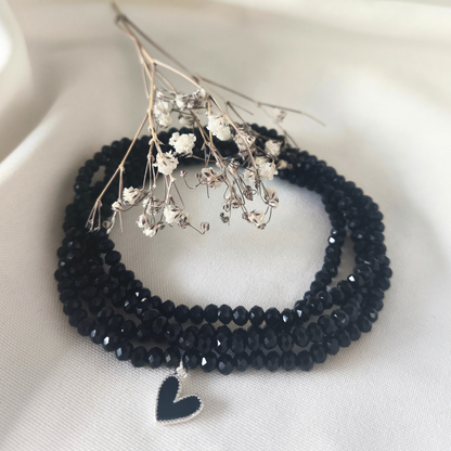 Maxi Pulsera o Collar de Cristales Negros con Corazón de Plata | Joya Versátil con Significado
