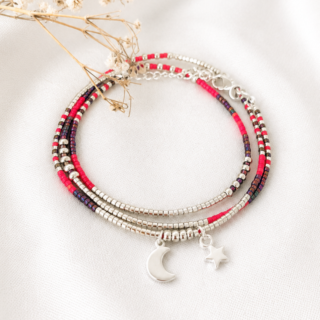 Maxi Pulsera Miyuki Magenta y Morada con Luna y Estrella – la luz que te guía en la noche