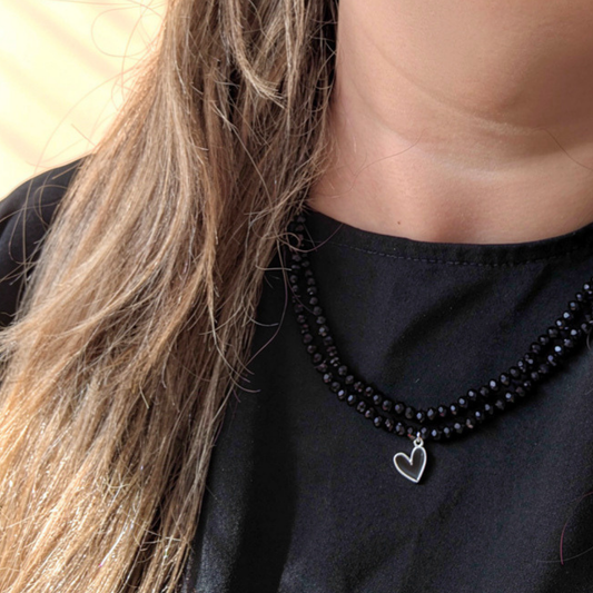 Maxi Pulsera o Collar de Cristales Negros con Corazón de Plata | Joya Versátil con Significado