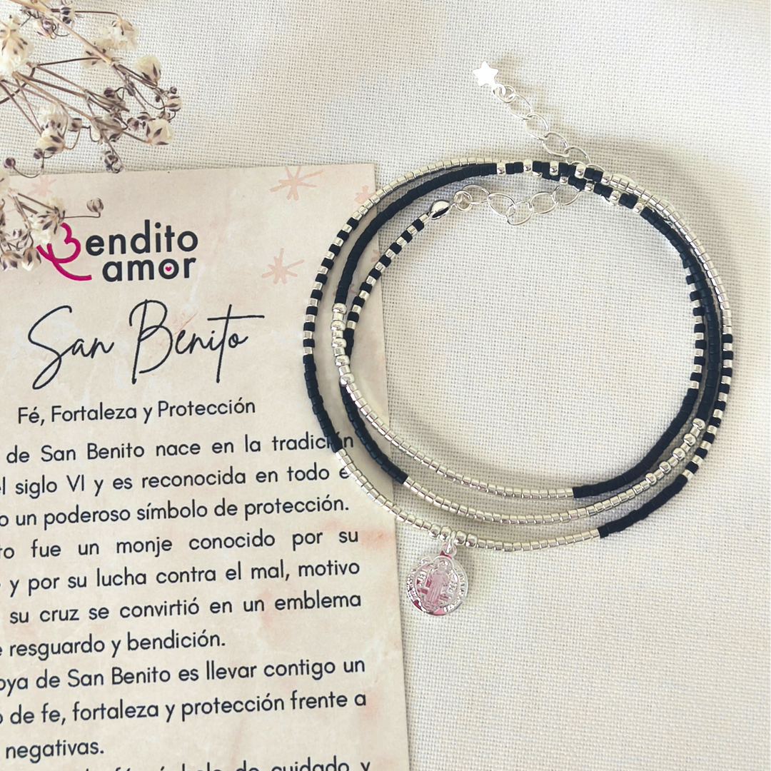 Maxi Pulsera protección San Benito de Plata 925 | Collar o Pulsera Triple de Protección