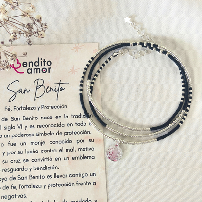 Maxi Pulsera protección San Benito de Plata 925 | Collar o Pulsera Triple de Protección