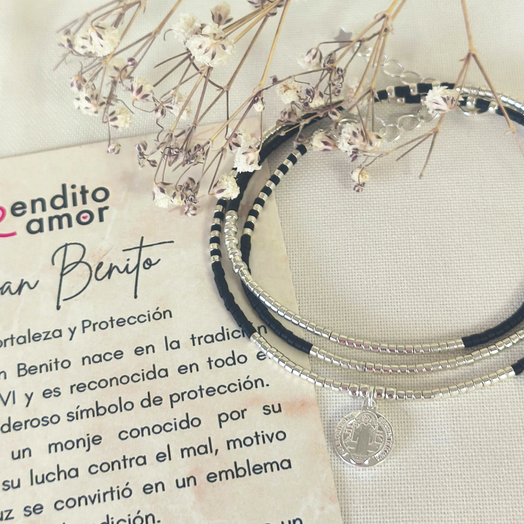 Maxi Pulsera protección San Benito de Plata 925 | Collar o Pulsera Triple de Protección
