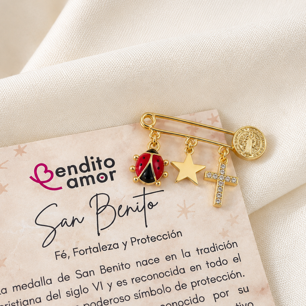 Prendedor protección oro San Benito protección y chinita de la buena suerte