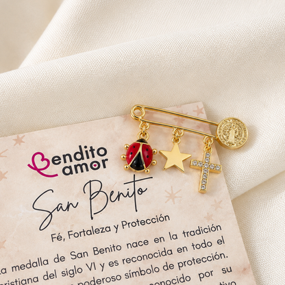 Prendedor protección oro San Benito protección y chinita de la buena suerte