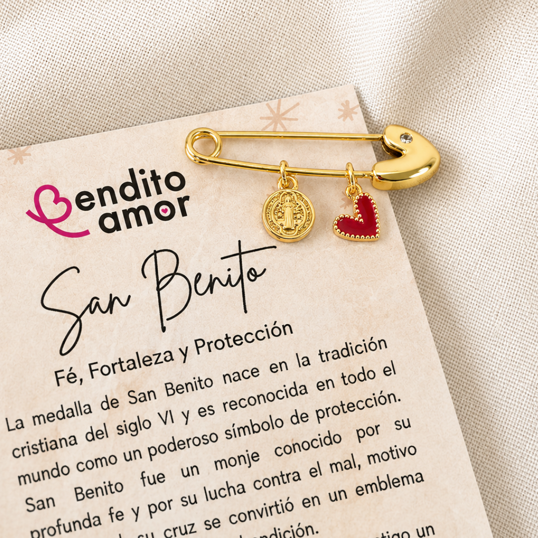Prendedor protección oro San Benito y corazón rojo