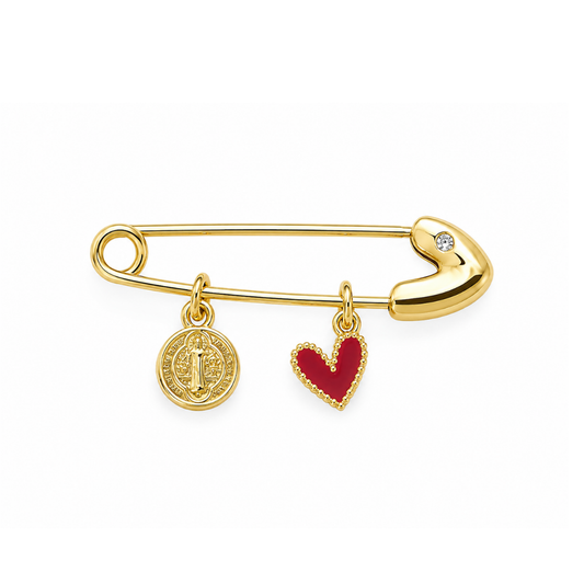 Prendedor protección oro San Benito y corazón rojo