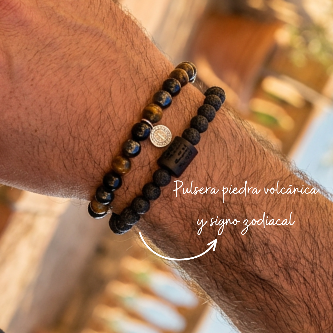 Pulsera de Piedra Volcánica con Signo Zodiacal