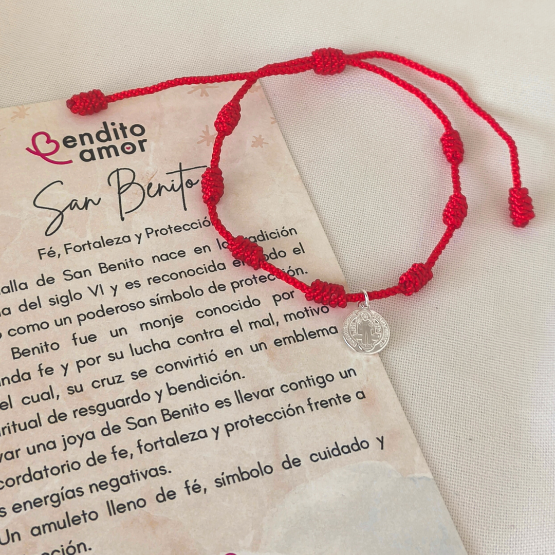 Pulsera 7 Nudos Rojos para Adulto con Medalla de San Benito en Plata 925