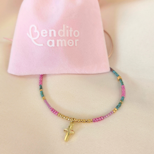 Pulsera Miyuki Ajustable Rosas y cruz bañada en oro