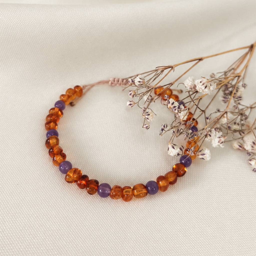 Pulsera de Ámbar Báltico para Bebé Ajustable con Amatista o Amazonita – mano o tobillo