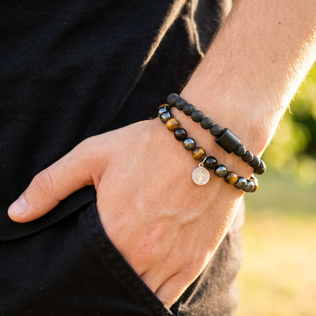 Pulsera de Protección con Ojo de Tigre, Hematita, Obsidiana y San Benito