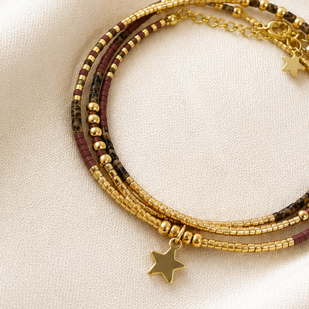 Maxi Pulsera Miyuki Tonos Tierra con Ojo de Tigre y Estrella Bañada en Oro – fuerza y protección para tus días