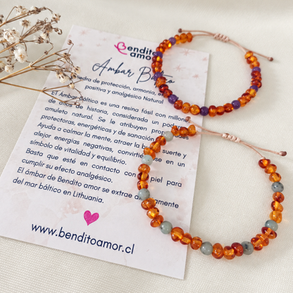 Pulsera de Ámbar Báltico para Bebé Ajustable con Amatista o Amazonita – mano o tobillo