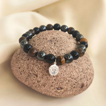 Pulsera de Protección con Ojo de Tigre, Hematita, Obsidiana y San Benito