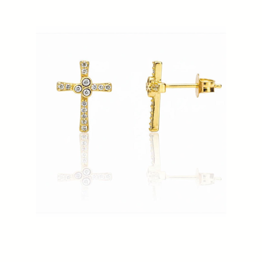 Aros Cruz Laminados en Oro 18K con Circones Blancos – Luz y Elegancia en Cada Detalle