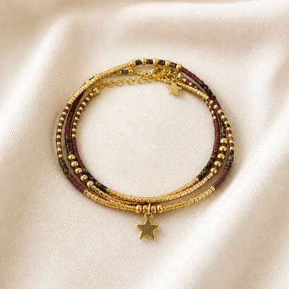 Maxi Pulsera Miyuki Tonos Tierra con Ojo de Tigre y Estrella Bañada en Oro – fuerza y protección para tus días