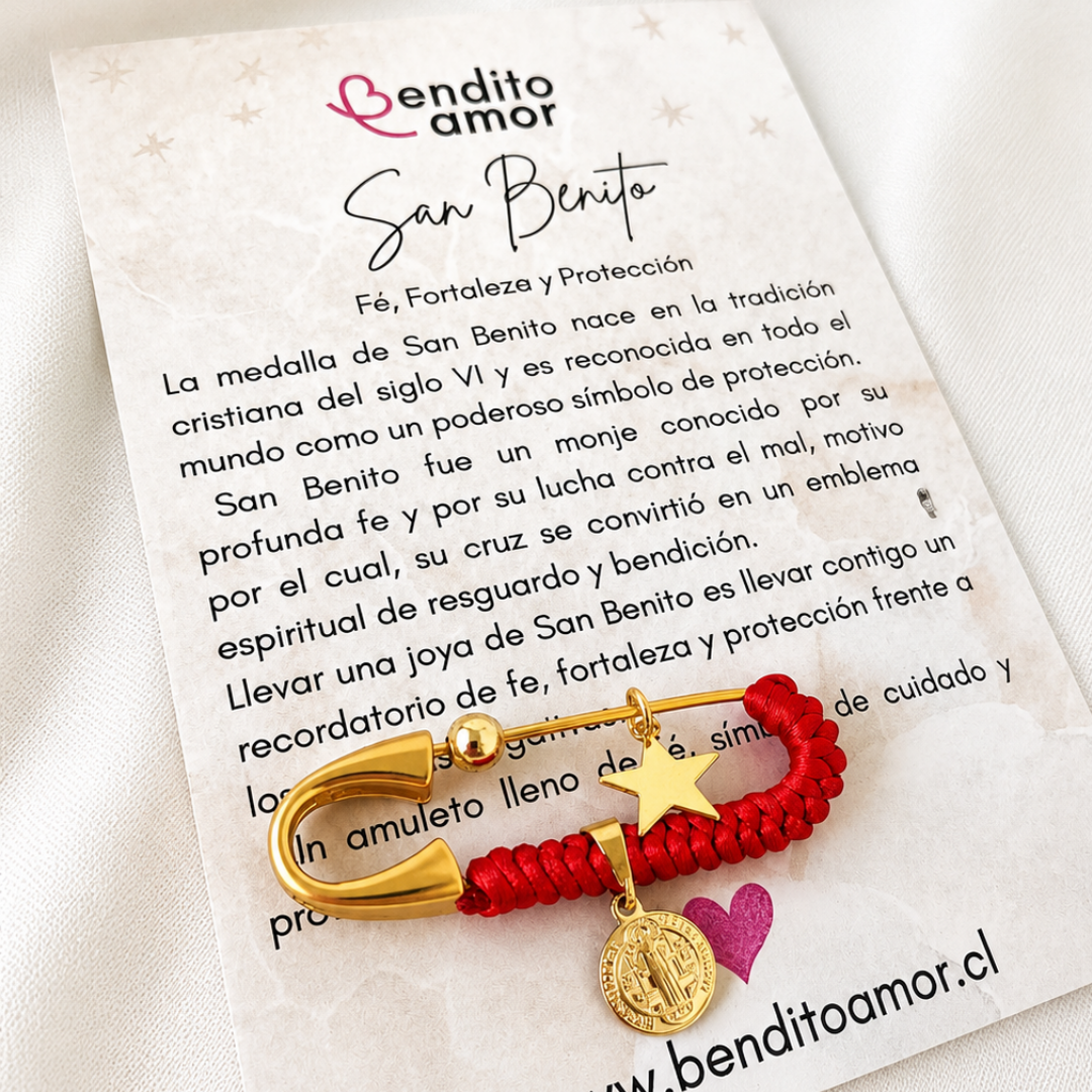 Prendedor de Protección Bañado en Oro con Medalla San Benito y Estrella – el amuleto que cuida a quien más amas