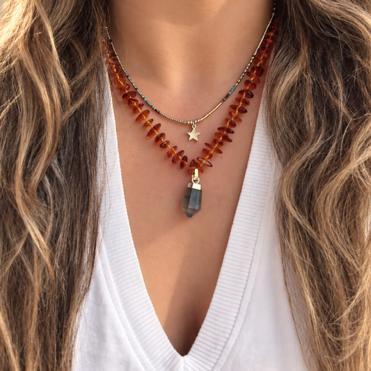 Collar de Ámbar Báltico con Colgante de Labradorita – calidez y protección en una sola joya