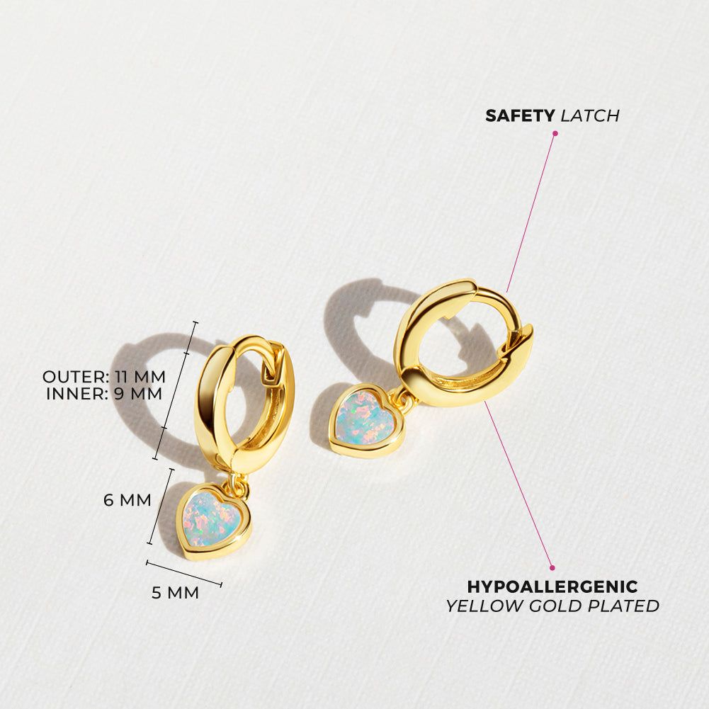Argollas corazón colgante bañado en oro con piedra ópalo