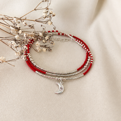 Maxi Pulsera Miyuki Roja con Luna de Plata y Circón — 3 en 1: pulsera, collar o tobillera