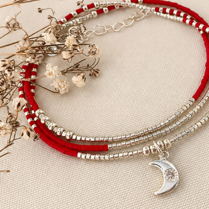 Maxi Pulsera Miyuki Roja con Luna de Plata y Circón — 3 en 1: pulsera, collar o tobillera