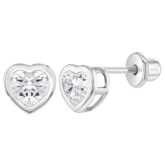Aros de circón en forma de corazón en plata 925 con cierre de rosca para niñas