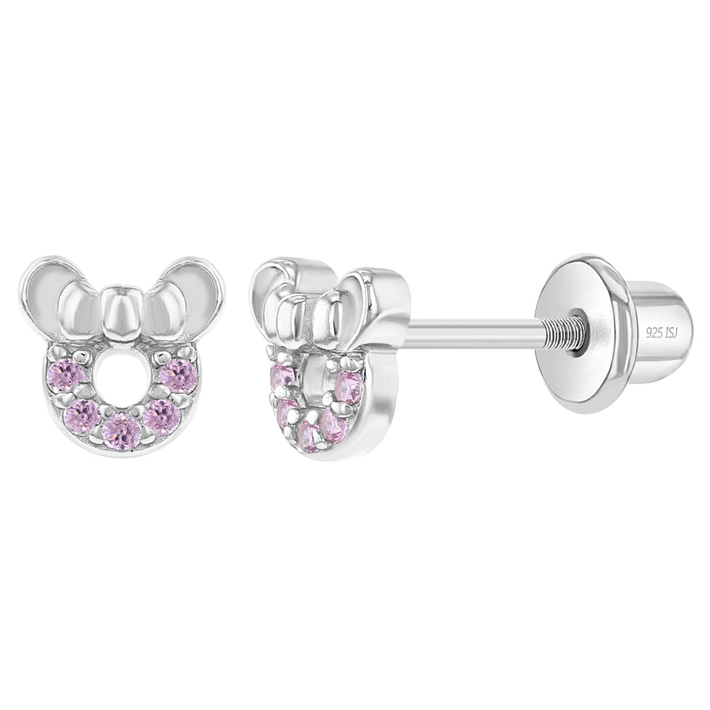 Aros Minnie plata 925 con circones rosados para bebes y niñas