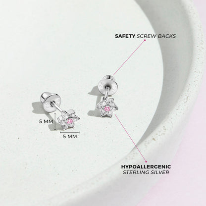 Aros de plata 925 en forma de flor con circones rosados y transparentes diamantados