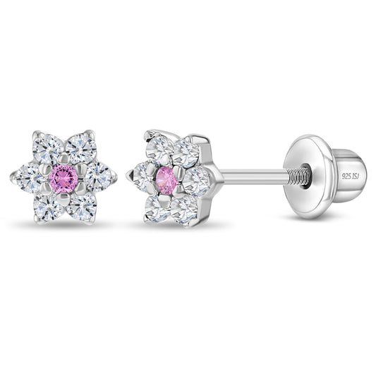 Aros de plata 925 en forma de flor con circones rosados y transparentes diamantados