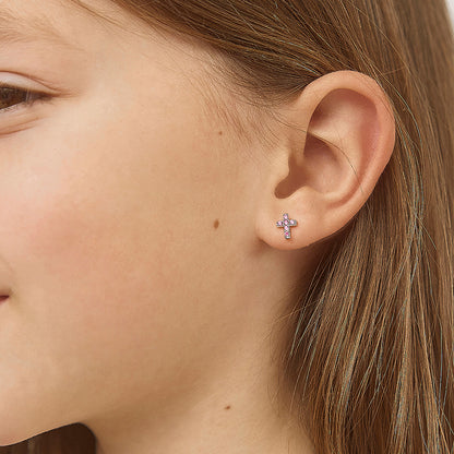 Aros de cruz de plata 925 certificada con circones rosados para bebes y niñas