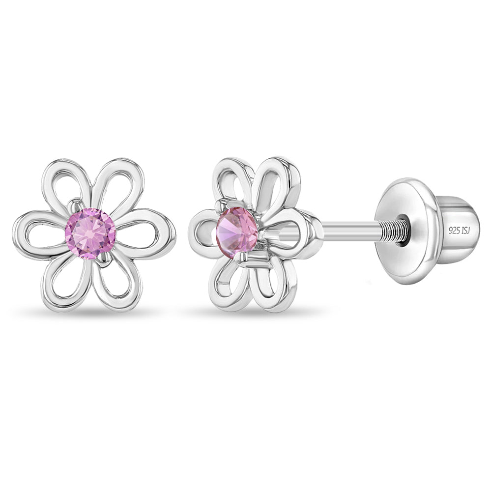 Aros Flor de Plata 925 Certificada con Circón Rosado | Delicadeza y brillo para sus primeros recuerdos | In Season Jewelry