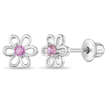 Aros Flor de Plata 925 Certificada con Circón Rosado | Delicadeza y brillo para sus primeros recuerdos | In Season Jewelry