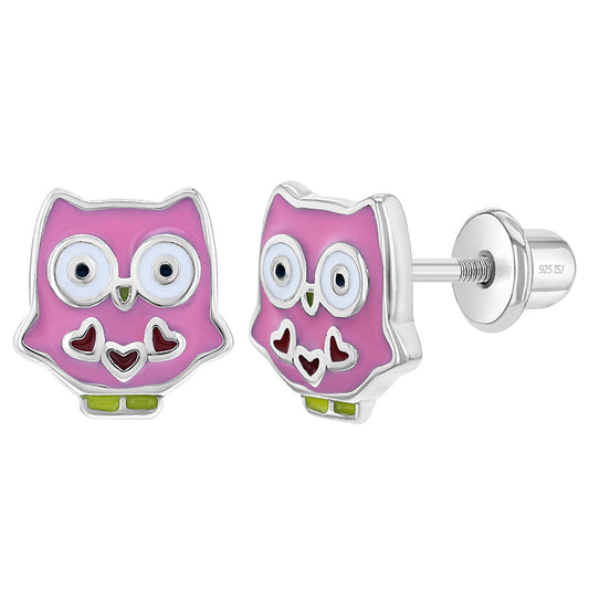 Aros con forma de buho de plata 925 y esmaltado rosa para niñas