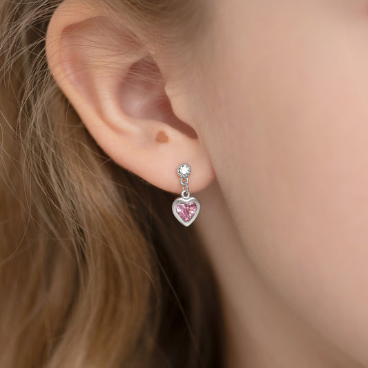 Aros corazón de plata 925 con circones rosados