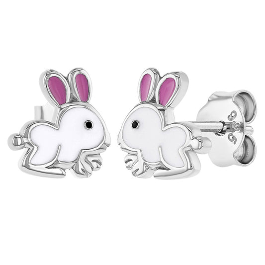 Aros de conejo esmaltados rosa y blanco para niñas