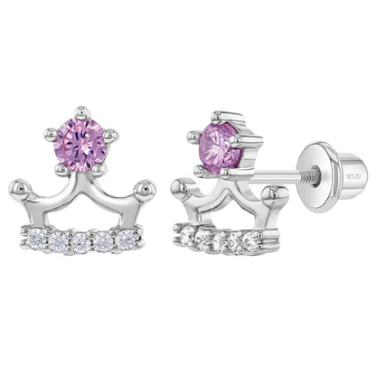 Aros de corona con punta circon morado y borde circones para niñas