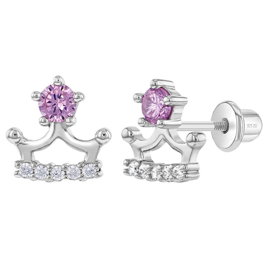 Aros de corona con punta circon morado y borde circones para niñas