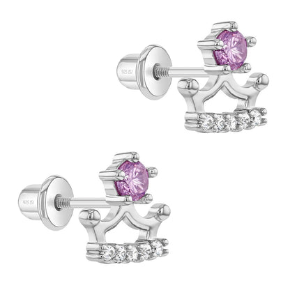 Aros de corona con punta circon morado y borde circones para niñas