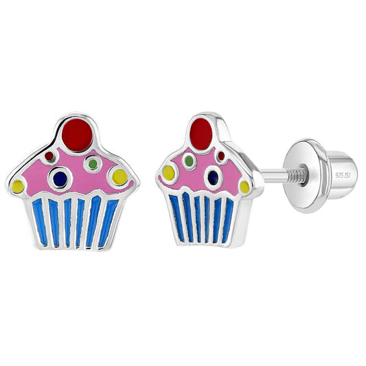 Aros de cupcake de plata 925 con esmalte colorido para niñas