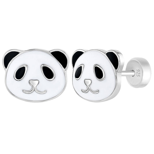Aros de oso panda de plata 925 esmaltado para niñas