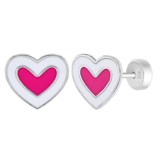 Aros de corazón plata y esmalte de colores para niñas
