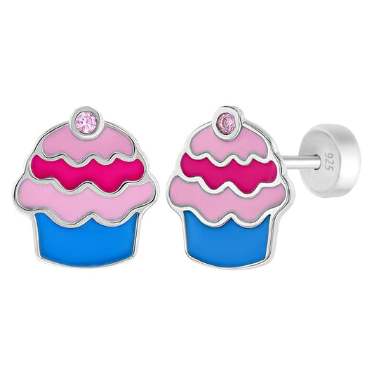 Aros de cupcakes con esmaltado multicolor con un circon rosa para niñas