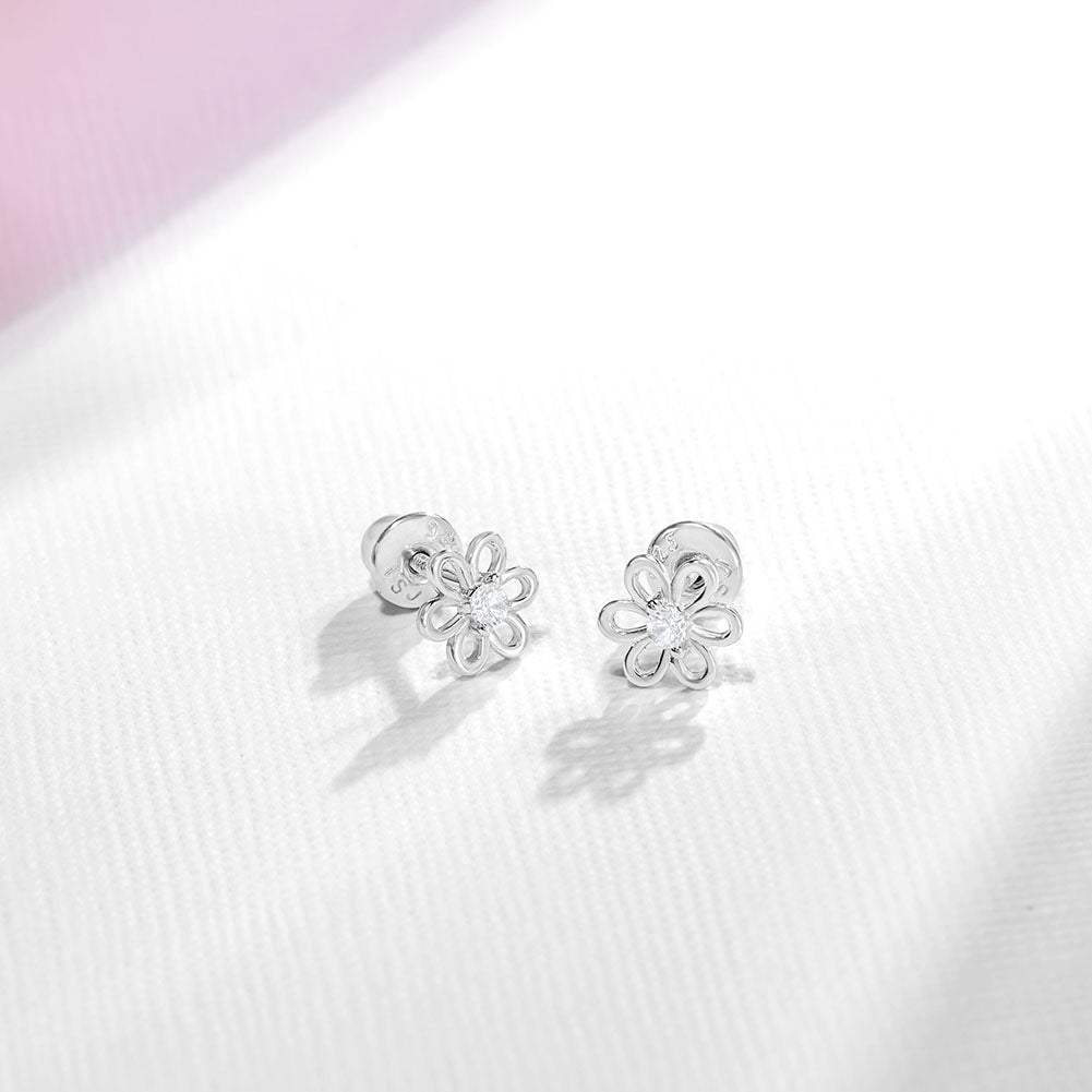 Aros Flor Plata 925 para Bebé y Niña | Hipoalergénicos con Circón | Bendito Amor
