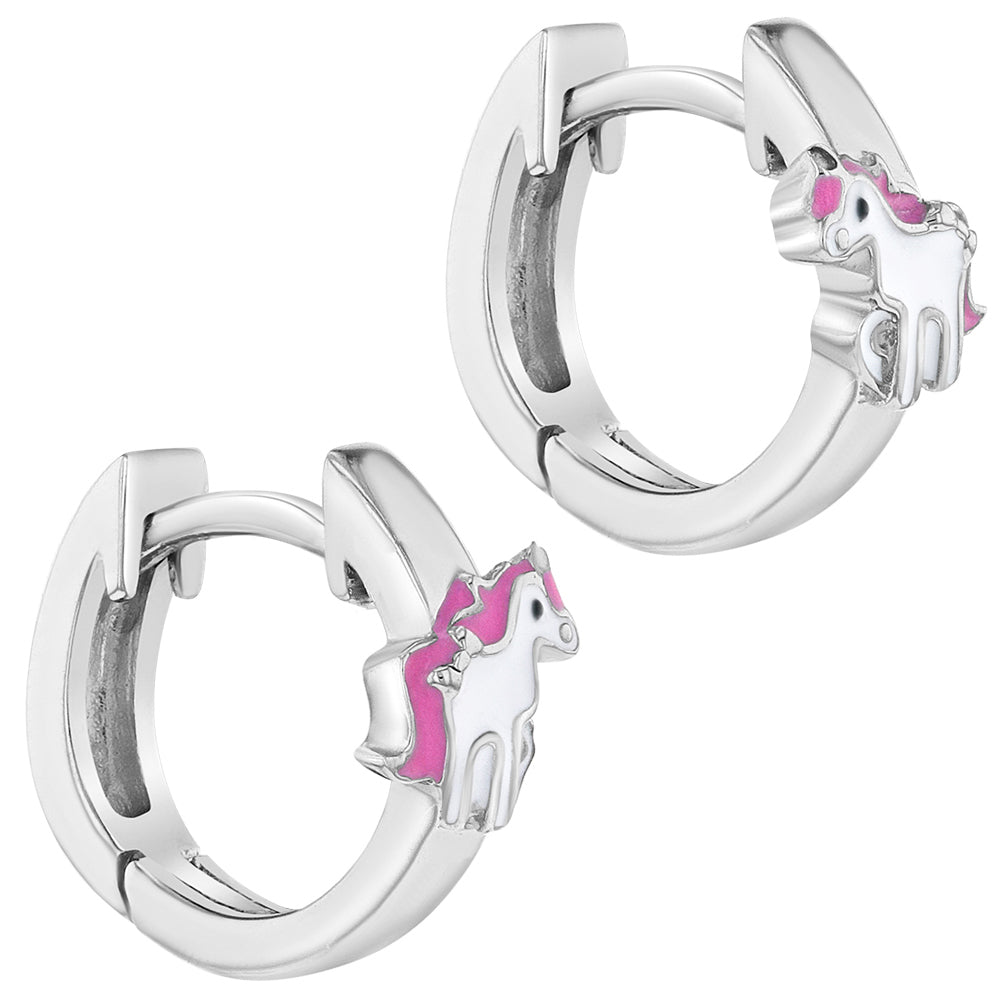 Argollas de unicornio de plata 925 esmaltado blanco y rosa para niñas