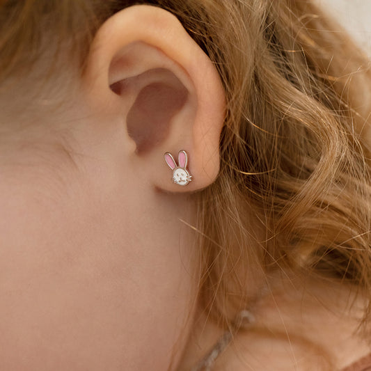 Pendientes de conejito de esmalte rosa y blanco para niñas y preadolescentes