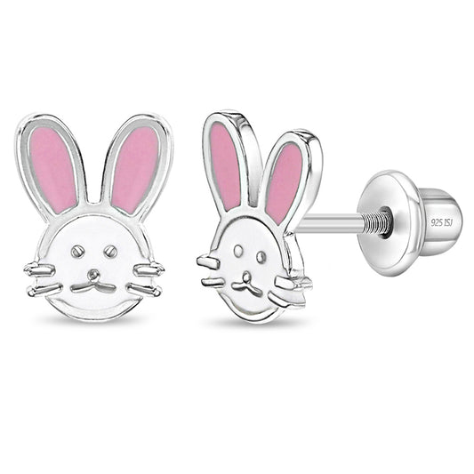 Pendientes de conejito de esmalte rosa y blanco para niñas y preadolescentes